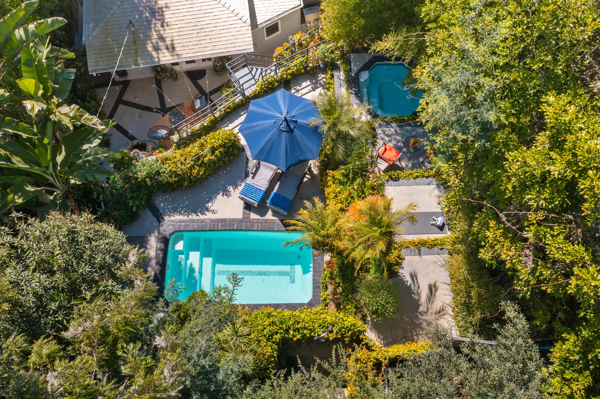 Real estate house backyard with two pools, patio furniture, and surrounding plants